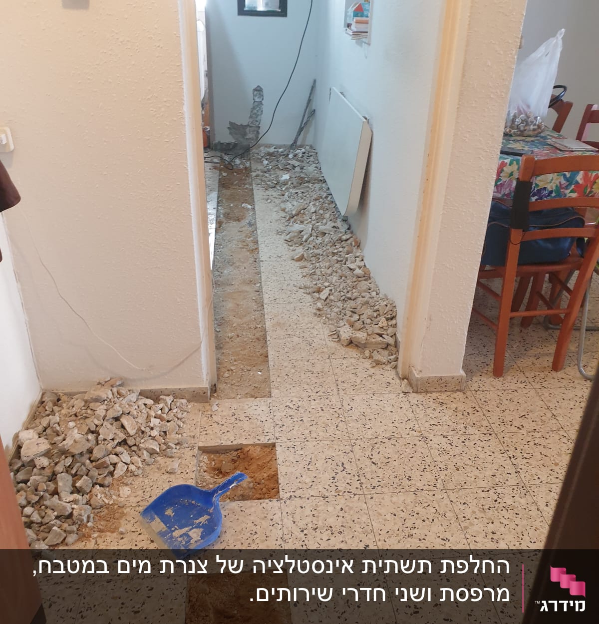 שביל חפירה ברצפה עם אבנים ויעה כחול